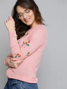 Mast & Harbour Women Pink Embroidered Pullover Sweater