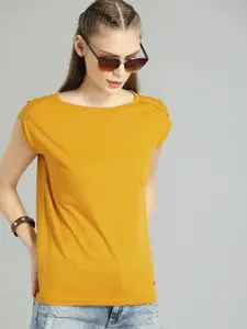 Roadster Women Mustard Yellow Solid Round Neck Relaxed Fit Cotton T-shirt