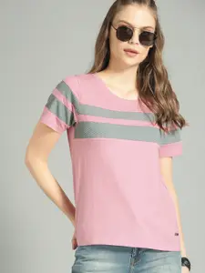 Roadster Women Pink Striped Round Neck Pure Cotton T-shirt