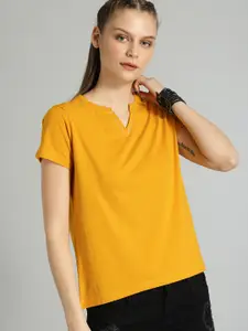 The Roadster Lifestyle Co Women Yellow Solid Round Neck Pure Cotton Oversized T-shirt