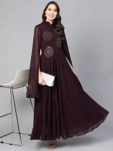 Inddus Women Deep Purple Embellished Yoke Maxi Dress