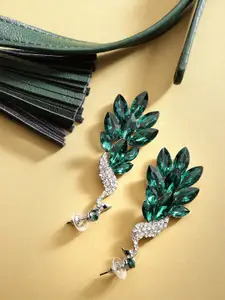 YouBella Green Silver-Plated Handcrafted Stone-Studded Peacock Shaped Drop Earrings
