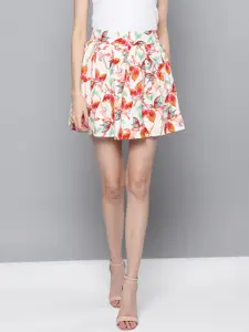STREET 9 Women Off-White & Coral Red Printed Pleated Mini A-Line Skirt