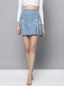 STREET 9 Blue Denim Pleated Mini A-Line Pure Cotton Skirt