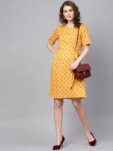 RARE ROOTS Women Mustard Yellow & Maroon Polka Dot Print Wrap Dress