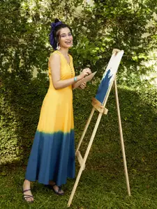 SASSAFRAS Yellow & Navy Blue Ombre Dyed Maxi Dress