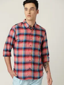 United Colors of Benetton Men Peach-Coloured & Blue Slim Fit Checked Casual Shirt