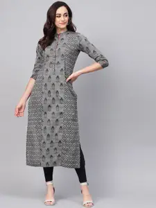 Pannkh Women Grey & Black Woven Design Straight Handloom Kurta