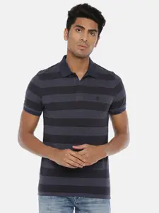 SELECTED Men Navy Blue  Black Striped Polo Collar Pure Cotton T-shirt