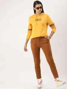 DressBerry Women Mustard Yellow Printed Hooded Sweatshirt