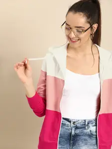 DressBerry Women Pink & Off-White Colourblocked Hooded Sweatshirt