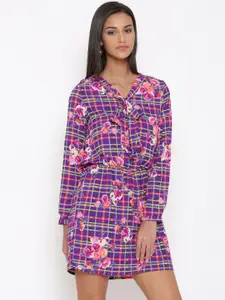 Tokyo Talkies Purple Floral Print & Checked Blouson Dress