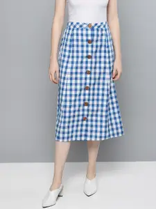 Besiva Women Blue and White Checked A-line Pure Cotton Skirt