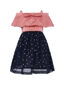 Stylo Bug Girls Peach-Coloured Printed Fit and Flare Dress