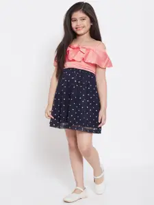 Stylo Bug Girls & Navy Blue Peach-Coloured Printed Fit and Flare Dress