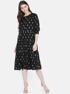 Global Desi Women Black & Beige Printed A-Line Dress