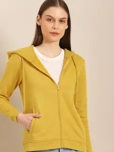 ether Women Mustard Yellow Solid Hooded Sweatshirt