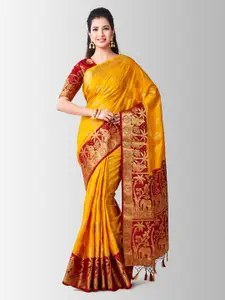 MIMOSA Yellow & Maroon Art Silk Woven Design Kanjeevaram Saree