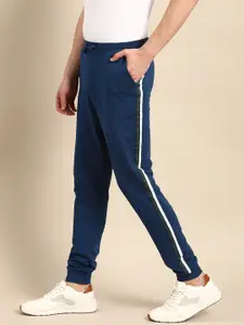 ether Men Blue Slim Fit Solid Joggers With Side Stripe Detail