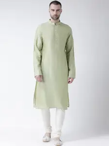 KISAH Men Green & White Solid Kurta with Churidar
