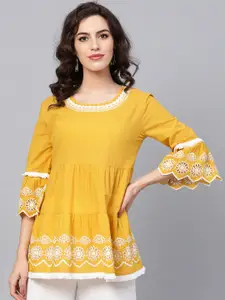 Bhama Couture Mustard Yellow & White Tiered Pure Cotton Top
