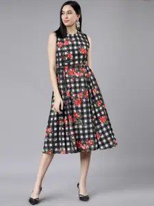 Tokyo Talkies Women Black & White Checked Floral Printed Fit and Flare Dress