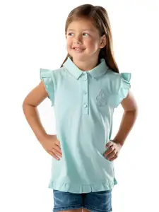 Cherry Crumble Girls Blue Solid Polo Collar T-shirt