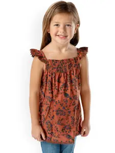 Cherry Crumble Girls Brown Printed A-Line Cotton Top