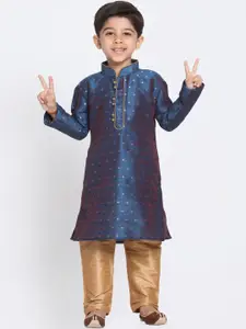 VASTRAMAY Boys Navy Blue & Beige Self Design Kurta with Churidar