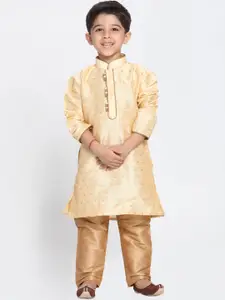 VASTRAMAY Boys Gold-Coloured & Beige Self Design Kurta with Churidar