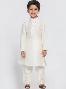 VASTRAMAY Boys Cream-Coloured Solid Cotton Silk Kurta with Churidar