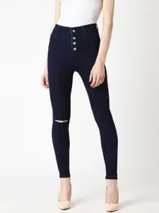 Miss Chase Women Navy Blue Skinny Fit High-Rise Slash Knee Jeans