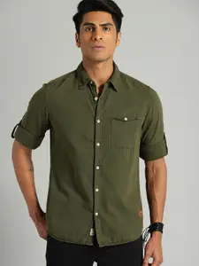 Roadster Men Olive Green Regular Fit Solid Sustainable Casual Shirt