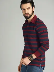 The Roadster Lifestyle Co Men Maroon  Navy Blue Striped Polo Collar Pure Cotton T-shirt