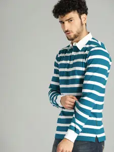 The Roadster Lifestyle Co Men Teal Blue  White Striped Polo Collar Pure Cotton T-shirt