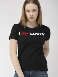Levis Women Black Printed Round Neck Pure Cotton T-shirt