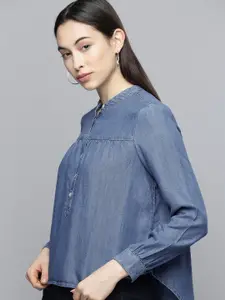 Levis Women Blue Chambray Mandarin Collar Shirt Style Top