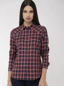 Levis Women Navy Blue & Red Slim Fit Checked Casual Shirt