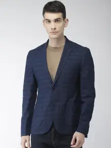 Park Avenue Men Navy Blue Striped Slim Fit Single-Breasted Casual Blazer
