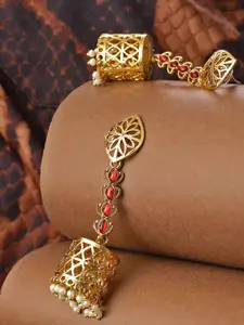 Priyaasi Red Gold-Plated Handcrafted Stone-Studded Beaded Dome Shaped Jhumkas
