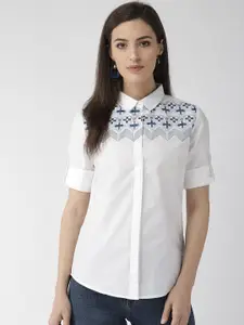 Xpose Women White & Blue Comfort Fit Embroidered Detail Casual Shirt