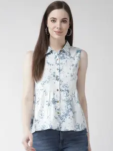Xpose Women White & Blue Regular Fit Chambray Printed Casual Shirt