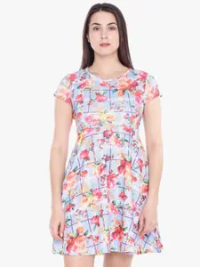 Honey by Pantaloons Blue & Red Floral Printed Crepe A-Line Dress