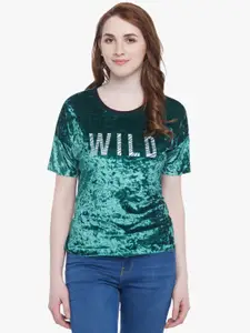 SF JEANS by Pantaloons Green Printed Velvet Finish Top