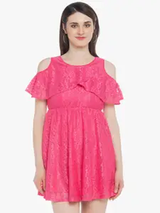 Honey by Pantaloons Pink Floral Woven Design Crepe A-Line Lace Dress