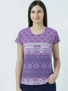 Huetrap Women Lavender & White Printed Round Neck T-shirt