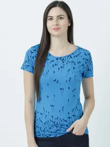 Huetrap Women Turquoise Blue Printed Round Neck T-shirt