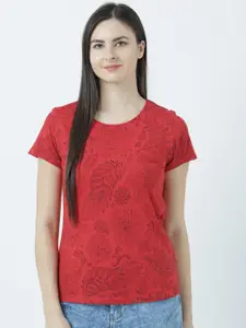 Huetrap Women Red Printed Round Neck T-shirt