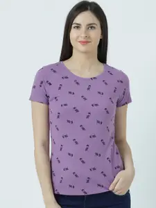 Huetrap Women Lavender Printed Round Neck T-shirt