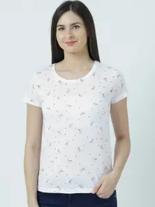 Huetrap Women White Printed Round Neck T-shirt